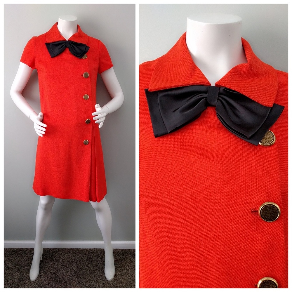 Vtg Orange Black Tie-Neck Schoolgirl Dress v-day